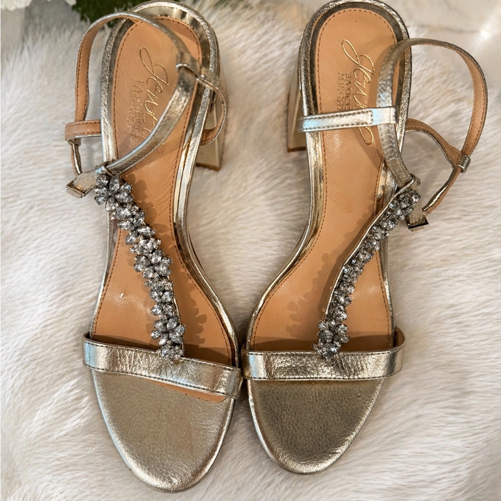 Jewel Badgley Mischka Metallic Gold Jewel-Strap Block Heel Sandals